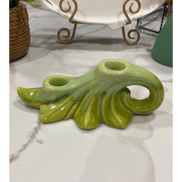 Vintage Green Ceramic Leaf Candle Holder Double Taper Mid Century Pottery - Picture 2 of 7